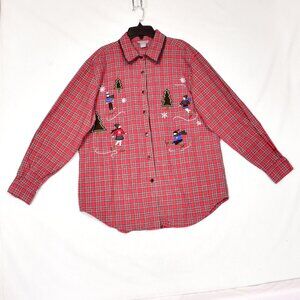 Capacity Women's Top Plaid Christmas Button Front Shirt Size Large